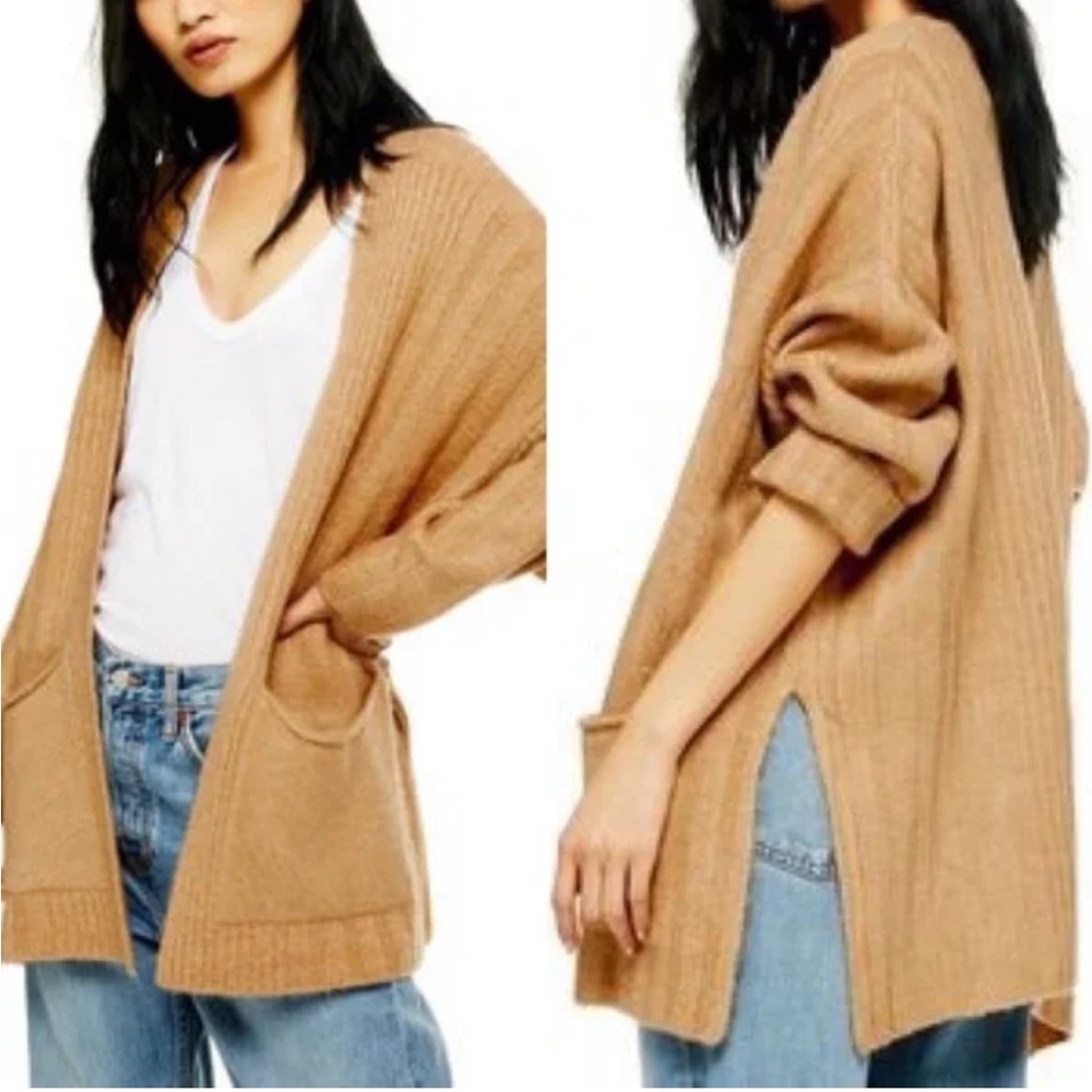 Topshop Open Front Cardigan Longline Oversized Womens Medium Camel